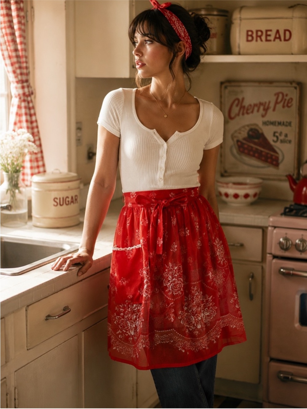 Vintage 70s women’s shirt tie back apron sheer red white floral